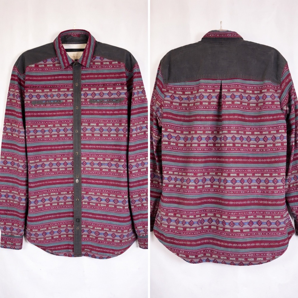 The Territory Ahead Southwestern Stripe 100% Cotton Shirt L Corduroy Trim Cowboy